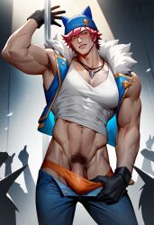 1boy ai_generated armpits arms_up bulge cocky gay gloves heartsteel_series heartsteel_sett league_of_legends looking_at_viewer looking_down looking_down_at_viewer low-angle_view male male_only muscular necklace pants_down penis pole sett smile smiling_at_viewer solo solo_male tagme tight_clothing underwear underwear_pull wankyc yaoi