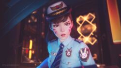 1girls 3d brown_eyes clothed clothed_female clothing d.va female female_only gloves its-gergless looking_at_viewer nipples open_mouth overwatch overwatch_2 police police_hat police_officer police_uniform policewoman tagme tie window