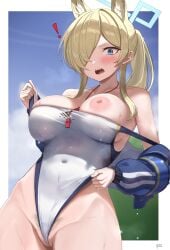 ! absurdres blonde_hair blue_archive blue_eyes blue_halo blush breasts clothes_pull covered_navel female female_pubic_hair halo highres kanna_(blue_archive) kanna_(swimsuit)_(blue_archive) large_breasts looking_at_viewer nipples one-piece_swimsuit one-piece_swimsuit_pull open_mouth ponytail pubic_hair rottenpizza sidelocks solo swimsuit wet white_one-piece_swimsuit