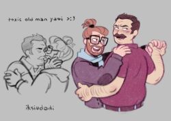 2024 2boys artist_name blushing body_hair clothed cute dancing digital_media_(artwork) elliot_karponzi eyewear gay glasses grey_background iksiudodi kissing looking_back making_out male/male male_only man_bun mr._birchum old_man_yaoi richard_birchum sfw smile toony toxic_relationship toxic_yaoi woke yaoi