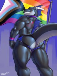 1boy 2020s 2022 anthro anthro_only ass back_view bisexual bisexual_male bisexual_pride_colors body_markings bracelet collar digital_media_(artwork) dragon flag flag_(object) frill_(anatomy) frills from_behind grin holding_flag holding_object horns jockstrap khayen lgbt_pride lgbt_pride_colors lgbt_pride_month male male_focus male_only muscular muscular_anthro muscular_arms muscular_back muscular_legs muscular_male muscular_thighs pride_color_accessory pride_color_flag pride_colors pride_flag pride_month progress_pride_colors red_markings reptile reptile_humanoid scales scalie scalie_humanoid shadow_(abstractshadow) six-stripe_rainbow_pride_colors smile solo solo_anthro solo_male standing tail underwear viewed_from_behind white_horns wingless_dragon yellow_eyes