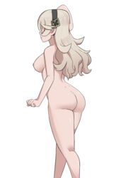 arm_up ass back breasts butt_crack corrin_(female)_(fire_emblem) corrin_(fire_emblem) curvy elf female fire_emblem fire_emblem_fates from_behind hairband headband highres hips large_ass large_breasts legs long_hair nipples nude platinum_blonde_hair pointy_ears sarukaiwolf shiny_skin sideboob simple_background smile solo standing thick_thighs thighs white_background wide_hips