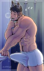 1boy abs bara biceps big_bulge bulge bulge_through_clothing erection_under_clothes fenrir_(wolfshirtart) huge_bulge male male_nipples male_only male_pubic_hair muscular_male nipples pecs penis penis_outline penis_under_clothes precum twitter_user_oc underwear werewolf wolfshirtart