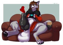 anthro balls big_balls canine clothing cock_vore coyote dickgirl futanari ifus intersex krasnya mammal open_mouth penis playstation_4 simple_background skirt vore