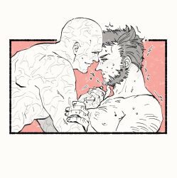 2boys arm_hair azuko_(@zuco) bald beard blush chest_hair deadpool deadpool_&_wolverine_(2024) facial_hair full-face_blush gay grabbing_another's_chin hand_on_another's_chin implied_nudity looking_at_another male_focus male_only marvel marvel_cinematic_universe marvel_comics monochrome multiple_boys muscular muscular_male nipples nude pectorals scar scars_all_over short_hair smile sweat trembling wolverine_(x-men) x-men yaoi