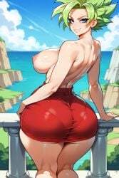 1girls ai_generated artcalypse big_breasts dragon_ball dragon_ball_super female female_only female_saiyan green_hair huge_ass kale looking_back solo super_saiyan tagme topless