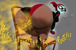 1girls ass barrybbeesly batman:_the_animated_series big_ass chair clown clown_girl dark-skinned_female dc dc_comics facepaint fart fart_fetish farting female harley_quinn jester jester_outfit on_chair pleasure_face smelly_ass text thick_ass thick_female thick_thighs