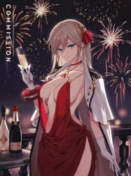 aerial_fireworks alcohol alisa_ilinichina_amiella alternate_costume blue_eyes bracer breasts champagne champagne_bottle champagne_flute choker cleavage closed_mouth coat coat_on_shoulders collarbone commentary commission cup dress drinking_glass evening_gown female fireworks gloves god_eater god_eater_2:_rage_burst grey_hair hair_between_eyes hair_ribbon hand_up highres holding holding_cup large_breasts long_hair looking_at_viewer navel night o-ring_dress outdoors railing red_choker red_dress red_ribbon ribbon sidelocks sleeveless sleeveless_dress smile solo standing stomach sumustard table white_coat white_gloves