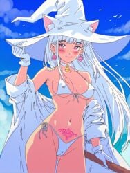 1girls ai_generated bikini bikini_bottom bikini_top broom cameltoe cat_ears cloud clouds female long_hair self_upload spare1632 white_bikini white_hair witch witch_hat