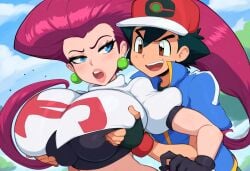 1boy ai_generated breast_grab female grabbing groping huge_breasts jessie_(pokemon) long_hair mullon muscular_male novelai pink_hair pokemon pokemon_(anime) pokemon_journeys satoshi_(pokemon) team_rocket villain