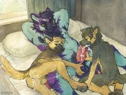 2017 3boys anthro anthro_on_anthro anus armpit_hair ass backsack ball_fondling balls bed canine cum cum_in_ass cum_in_mouth cum_inside cum_on_ass cum_on_face cum_on_penis cum_string cumshot ejaculation erection fellatio fondling gay german_shepherd group group_sex happy happy_sex hyena male male_only mammal navel nipples oral orgasm overweight overweight_male penis pillow pubes sex sicklyhypnos threesome yaoi