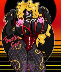 abeybubble absurd_res anthro bat black_body blonde_hair celebration clothing devi_(abeybubble) female fishnet_clothing hair hi_res mammal markings milestone_celebration solo torn_clothing torn_fishnet_clothing watermark