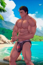 1boy abs bara biceps big_bulge blush bulge darius_(league_of_legends) dunkmaster_darius finall_bosss league_of_legends male male_nipples male_only muscular_male nipples pecs penis_outline riot_games underwear wet