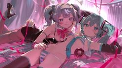 2girls aqua_hair ass bed before_sex bikini blue_eyes blue_hair blush bunny_ears bunny_tail bunnysuit cleavage clone collared_bikini detailed_background donut doughnut fake_animal_ears fake_animal_tail fake_tail hair_ornament hatsune_miku hatsune_miku_(collared_bikini) hatsune_miku_(rabbit_hole) heels high_heels highres leotard long_hair looking_at_viewer lying lying_on_back lying_on_bed meme_attire micro_bikini midriff multiple_girls navel necktie necktie_between_breasts nervous nik_ibi on_bed on_stomach pantyhose pink_hair rabbit_ears rabbit_hole_(vocaloid) rabbit_tail selfcest short_hair short_twintails small_breasts striped striped_bikini striped_bra striped_panties stripes sweat sweatdrop swimsuit swimwear teardrop the_pose thigh_strap thighhighs thighs tie tie_between_breasts twintails two-tone_hair vocaloid wallpaper x_hair_ornament