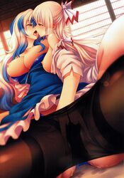 2girls big_ass big_breasts breasts breasts_out drooling fingering french_kiss hand_in_panties highres hijikawa_arashi indoors kissing masturbation medium_breasts multiple_girls nipples open_clothes pantyhose pussy_juice pussy_juice_drip saliva spread_legs stockings tongue tongue_out yuri