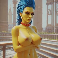 1girls 3d ai ai_generated blue_hair breasts crossed_arms earrings female female_only hair_blue looking_at_viewer marge_simpson milf naked naked_female necklace nipples nude nude_female red_neckwear standing standing_female the_simpsons yellow_skin