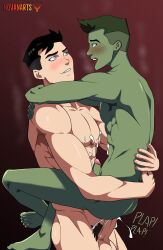 2boys anal anal_sex balls ballsack beast_boy beast_boy_(young_justice) boner cock conner_kent cum cum_drip cum_in_ass cum_on_body dc dc_comics erection held_up kon-el lifted_by_another male/male male_only male_penetrated novan_(art) nude penetration pubic_hair superboy superboy_(conner_kent) superman_(series) text twink young_justice