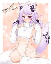 blush blushing breasts cat_ears cat_tail catgirl face_markings female hands_up looking_at_viewer purple_eyes purple_hair squchan_(vtuber) virgin_killer_sweater virtual_youtuber vyugen white_armwear white_bikini_bottom