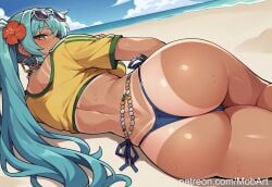 1girls ai_generated ass beach beads bent_over big_ass bikini brazilian_female brazilian_miku busty female female_focus female_only hatsune_miku huge_ass laying_on_side long_hair looking_at_viewer looking_back mobart outdoors outside tan tan_body tan_skin tanline thick_thighs thong thong_bikini twintails vocaloid waist_beads wide_hip