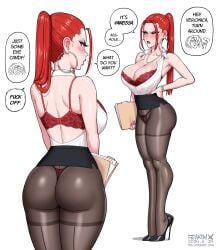1female 1girls annoyed assistant big_ass big_breasts fellatrix female francesca_(fellatrix) harassment hoop_earrings hoop_earrings_oversized leggings office_lady out_of_frame out_of_frame_male red_hair red_lipstick red_nails sexual_harassment vanessa_(fellatrix)