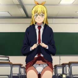 1female 1girls 1woman ai_generated bangs bangs_between_eyes blonde_female blonde_hair blonde_hair blonde_hair_female blue_cloak blue_coat blush blush classroom cloak coat collar eldenigrante96 face_marking face_markings golden_eyes hair_ribbon hairbow head_ribbon lemon_irvine long_blonde_hair long_hair magic magic_girl magical_girl mashle necktie orange_ribbon panties red_necktie red_tie school_girl school_uniform schoolgirl shirt skirt skirt_lift skirt_up tie twitter_handle twitter_username undershirt underwear white_collar white_panties white_shirt white_undershirt white_underwear yellow_eyes