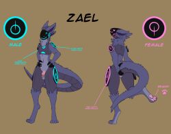 1boy 4_fingers absurd_res anthro beans_(disambiguation) blue_eyes claws cuntboy fingers hi_res hyginx intersex machine male model_sheet pawpads pink_eyes protogen zael_(hyginx)