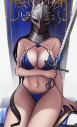 bare_shoulders big_breasts blush blushing_through_mask bufforianna busty curves curvy elden_ring female fromsoftware helmet holding_weapon knight large_breasts light-skinned_female light_skin lingerie mask masked rellana_twin_moon_knight revealing_clothes shadow_of_the_erdtree sword thick thighs underwear weapon