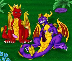 angry claws comparing dialogue dragon english_text erection fangs feral flame_the_dragon frown grass grin horn male male_only penis scalie shalonesk smile smirk spyro spyro_the_dragon teeth text video_games watermark western_dragon wings