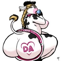 2017 anthro ass beret big_butt blush bovine braided_hair breasts cattle dairy_air dessert ear_piercing english_text female food hair hat huge_butt ice_cream looking_back mammal masamaki mascot nipples nude open_mouth piercing simple_background solo tattoo text thick_thighs voluptuous wide_hips