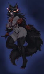 1girls animal_ears ass belly_button big_ass big_breasts big_butt big_hips black_body black_fur black_hair chest_tuft claws derisyan female flaming_eyes fluffy_tail fur fur_thighhighs fur_tuft glowing_eyes hellhound_(monster_girl_encyclopedia) hourglass_figure huge_breasts large_breasts long_hair long_tail metal_bra metal_panties monster_girl monster_girl_(genre) natural_thigh_highs navel open_mouth red_eyes solo tail thick_thighs thighs tongue_out wide_hips