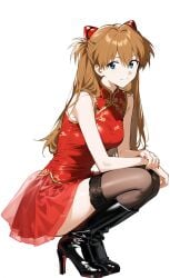 1girls ai_generated alternate_costume asuka_langley_sohryu boots chinese_clothes full_body heels kneeling neon_genesis_evangelion orange_hair pantyhose shoppy squatting