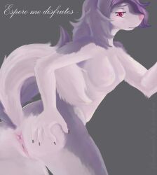 absurd_res anthro anus ass bent_over blush bodily_fluids butt_focus canid canine canis crouching digital_drawing_(artwork) digital_media_(artwork) domestic_dog female female/female fur genital_fluids genitals groan hair hi_res husky hybrid kadeki kadeki_(character) kneeling looking_at_viewer looking_back looking_back_at_viewer mammal multicolored_body multicolored_fur neck_tuft nipples nordic_sled_dog nude offscreen_character open_:3 open_mouth pink_eyes pink_nipples pink_nose presenting purple_body purple_fur pussy simple_background solo spitz spread_anus spread_legs spread_pussy spreading teeth teeth_showing text three-quarter_view tongue tuft two_tone_body two_tone_fur vaginal_fluids white_body white_fur wolf