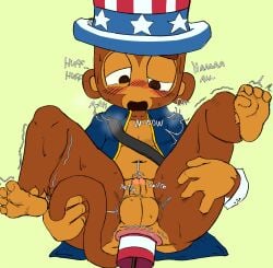 american_flag anal anal_sex anonymous_artist anthro anus belt big_hat bloons_tower_defense clothed clothing fireworks genitals haplorhine hat headgear headwear hi_res male mammal money monkey ninja_kiwi partially_clothed penetration penis primate small_penis solo spread_anus spreading star tail united_states_of_america