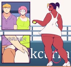 1boy 2girls animated ass ass_shake big_ass black_hair blonde_hair bouncing_ball bubble_butt cdlum damson_(cdlum) dark-skinned_female dark_skin fat_ass female hand_on_another's_thigh hand_on_thigh large_ass light-skinned_male light_skin looking_back male maple_(cdlum) net no_panties original pear_(cdlum) shaking_ass swaying swaying_ass tennis_ball tennis_racket tennis_uniform thick_ass thick_thighs wide_hips