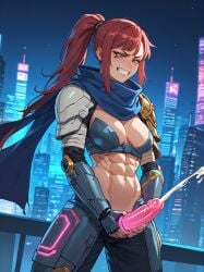 abs ai_generated armor athletic athletic_futanari blue_eyes blush breasts city city_background cityscape red_hair self_upload solo stable_diffusion theskyisalwaysbeautiful