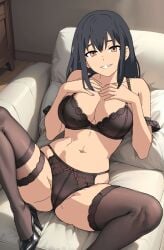 1girls ai_generated big_breasts fit_female large_breasts light-skinned_female lingerie looking_at_viewer lying_on_back lying_on_sofa masckspektra mature_female misaki_nagatoro on_back please_don't_bully_me,_nagatoro seductive_pose slim_waist solo solo_female spread_legs