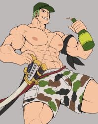 1boy abs bara biceps bulge clothing green_hair male male_nipples male_only muscular_male nipples one_piece pecs roronoa_zoro scar wolfshirtart