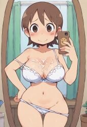 after_sex ai_generated aioi_yuuko blush bra brown_hair cum_on_breasts embarrassed gastkeser82 hand_on_hip holding_phone large_breasts looking_at_viewer navel nichijou panties panty_pull phone selfie short_hair white_bra white_panties