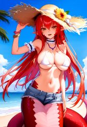 1girls ai_generated amber_eyes beach belly_button big_breasts bikini bikini_top bracelet bracelets breasts choker clothed clothes clothing denim denim_shorts female flower_on_hat lamia large_breasts long_hair midriff miia_(monster_musume) monster_girl monster_girl_(genre) monster_musume_no_iru_nichijou navel necklace pointy_ears red_hair red_scales short_shorts shorts slim slim_waist smile snake_girl snake_humanoid solo straw_hat sun_hat thin_waist