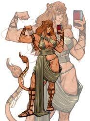 allagan_tomestone anthro final_fantasy final_fantasy_xiv flexing furry green_eyes hrothgar lion_ears lion_girl lion_tail lioness muhash14 muscles muscular muscular_anthro muscular_female orange_fur orange_hair selfie selfie_pose slit_pupils square_enix wuk_lamat