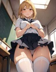 1girls ai_generated blonde_hair breasts_squeezed_together buttons chalk chalkboard classroom curvy detailed_background from_below haikyuu!! indoors looking_at_viewer mature_female narrow_waist pleated_skirt school_uniform see-through short_hair solo stable_diffusion sunlight sweat thick_thighs thigh_gap thighhighs v_arms wide_hips window yachi_hitoka zettai_ryouiki