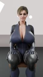 big_breasts bodysuit clothing jill_valentine jill_valentine_(blonde) looking_at_viewer resident_evil sitting solo trijolo3d