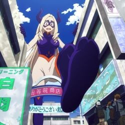 animated big_female blonde_hair feet foot_fetish foot_focus hero_outfit_(mha) larger_female mount_lady my_hero_academia pink_clothing pink_eyes takeyama_yuu