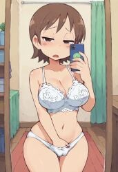 ai_generated aioi_yuuko blush bra brown_hair fingering fingering_self from_behind gastkeser82 half-closed_eyes holding_phone large_breasts masturbating masturbation moaning navel nichijou panties phone selfie short_hair white_bra white_panties