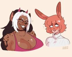 1futa 1girls anthro anthrofied big_breasts black_hair blue_eyes blush bunny_ears bust_portrait choker demon_horns female fur furry futanari glasses heart_tattoo hi_res horns hyena koni_(loggus_doggus) lagomorph leporid loggus_doggus long_hair looking_at_viewer olivia_(loggus_doggus) orange_eyes orange_hair smiling smiling_at_viewer tattoo_on_breast teeth_showing two_tone_hair white_hair