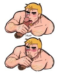 bara big_breasts big_penis black_eyes blowjob blowjob_face blush bodybuilder brawl_stars chest chest_hair cock el_primo_(brawl_stars) gay gay_blowjob gay_sex grom_(brawl_stars) hair hairy_chest hairy_hands licking licking_penis male male/male male_focus male_only male_pov mature mature_male muscle muscles muscular muscular_male penis penis_grab penis_in_hand penis_in_mouth scar short_hair tongue tongue_out yellow_hair