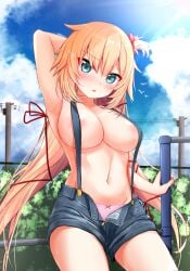 1girls absurd_res absurdres akai_haato areola_slip areolae areolae_slip arm_above_head arm_behind_head arm_up armpits bare_armpits bare_arms bare_belly bare_breasts bare_chest bare_hands bare_hips bare_legs bare_midriff bare_navel bare_shoulders bare_skin bare_thighs bare_torso belly belly_button blonde_eyebrows blonde_female blonde_hair blonde_hair_female blue_eyes blue_eyes_female blue_sky breasts cleavage clouds collarbone day daylight daytime dot_nose elbows embarrassed embarrassed_female embarrassed_nude_female ex_idol exposed exposed_armpits exposed_arms exposed_belly exposed_breasts exposed_legs exposed_midriff exposed_shoulders exposed_thighs exposed_torso eyebrows_visible_through_hair female female_focus female_only fingers groin hair_ornament hair_ribbon half_naked hand_above_head hand_behind_head hand_up head_tilt high_resolution highres hololive hourglass_figure jean_shorts jeans large_breasts legs light-skinned_female light_skin long_hair looking_at_viewer naked naked_female navel nude nude_female open_mouth outdoor outdoors outside panties parted_lips pink_panties pink_underwear plant red_hair_ribbon red_ribbon ribbon sideboob sitting sky slender_body slender_waist slim_girl slim_waist solo thick_thighs thigh_gap thighs thin_waist tilted_head underboob underwear upper_body v-line virtual_youtuber wide_hips