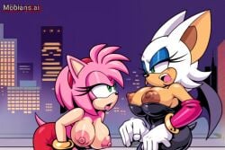 2d ai_generated amy_rose angry arguing bat_wings big_breasts big_nipples breasts breasts_out breasts_size_difference mobian mobian_(species) mobian_bat nipples pink_hair rouge_the_bat sega size_comparison sonic_(series) sonic_adventure_2 sonic_the_hedgehog_(series) tits_out white_hair