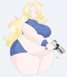 bbw belly big_belly blonde_hair blue_eyes gun holding_gun holding_weapon juxtaposedpunk metroid midriff muffin_top samus_aran watermark weapon weight_gain