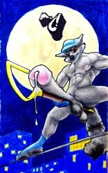 absurd_res anthro balls big_balls big_penis bodily_fluids cane cum genital_fluids genitals hi_res huge_balls huge_cock leaking_cum light male mammal marthan_crowl_(artist) moon moonlight muscular muscular_anthro muscular_male night penis playstation procyonid public public_nudity raccoon sly_cooper sly_cooper_(series) solo sony_corporation sony_interactive_entertainment sucker_punch_productions wire